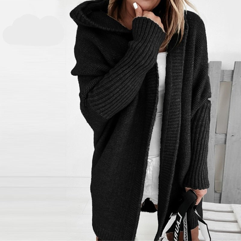 Damen Long Cardigan mit weiter Kapuze und Rippbündchen