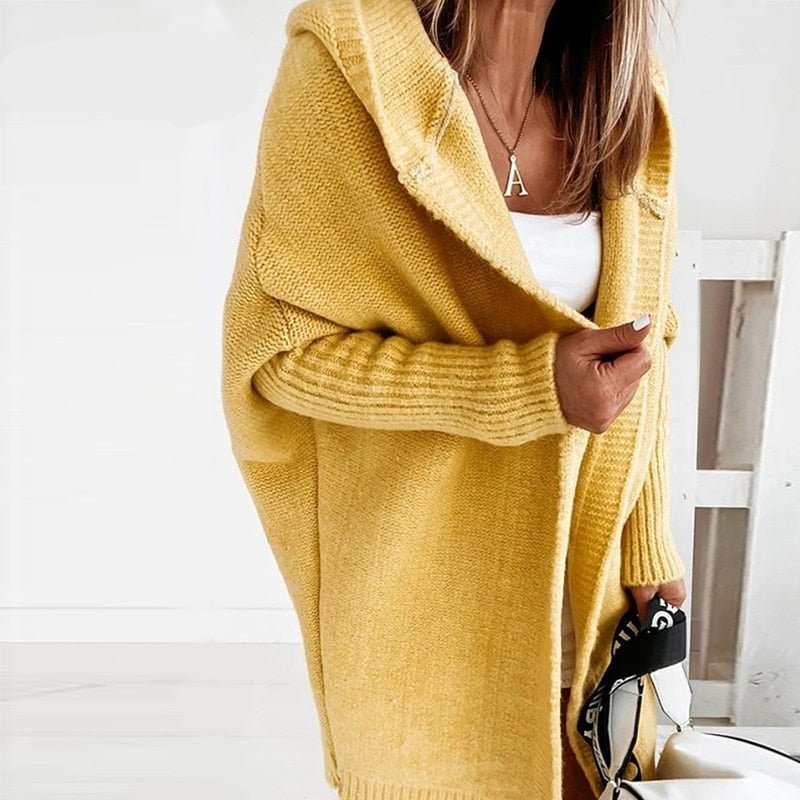 Damen Long Cardigan mit weiter Kapuze und Rippbündchen