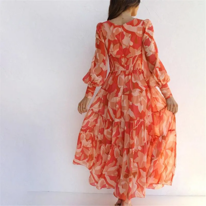 Damen Maxikleid mit langen Ärmeln und tiefem V-Ausschnitt