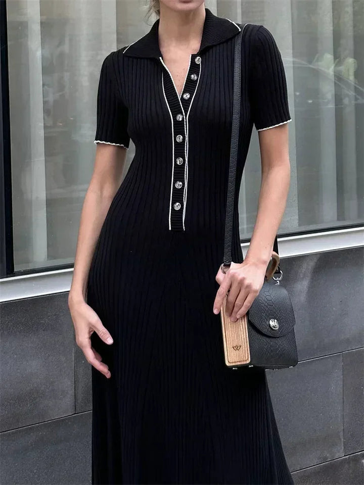 Damen Maxikleid mit V-Ausschnitt und Kragen sowie ausgestelltem Rock