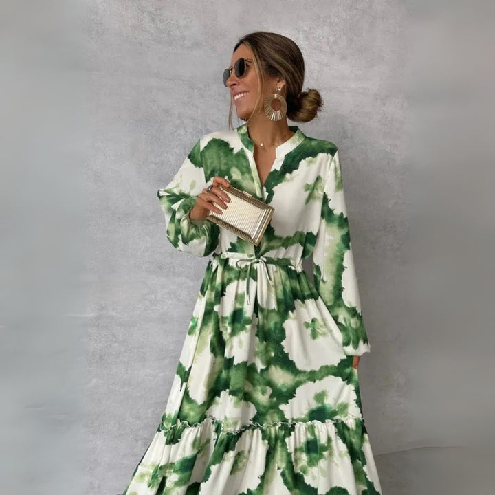 Damen-Maxikleid mit V-Schlitz am Ausschnitt und Bindegürtel