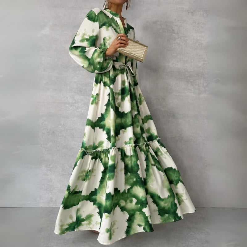 Damen-Maxikleid mit V-Schlitz am Ausschnitt und Bindegürtel