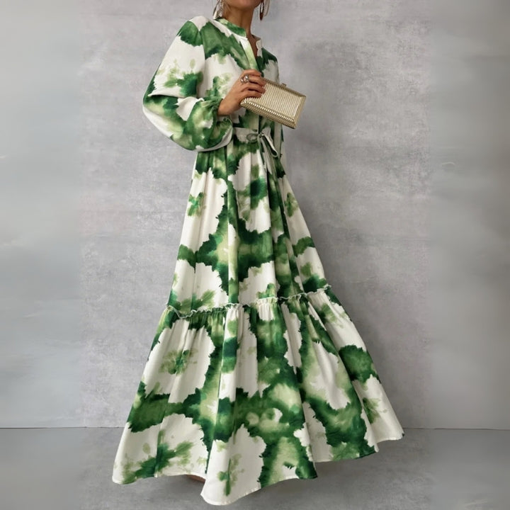 Damen-Maxikleid mit V-Schlitz am Ausschnitt und Bindegürtel