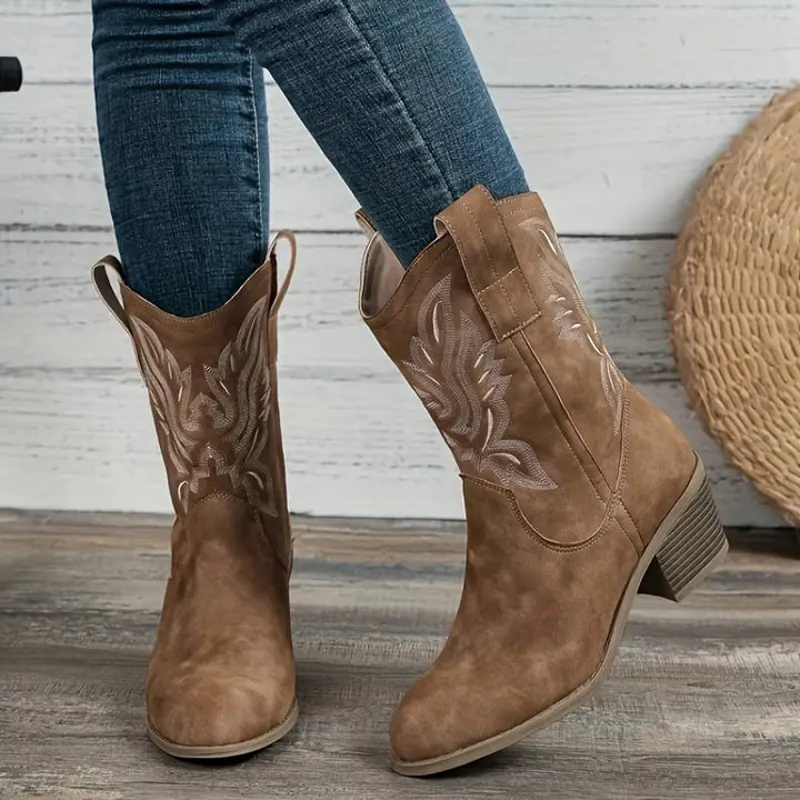 Damen-Mid-Calf-Stiefel mit Blockabsatz und Ziernähten