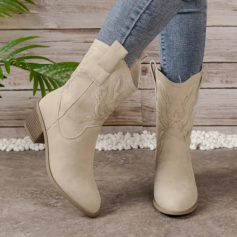 Damen-Mid-Calf-Stiefel mit Blockabsatz und Ziernähten