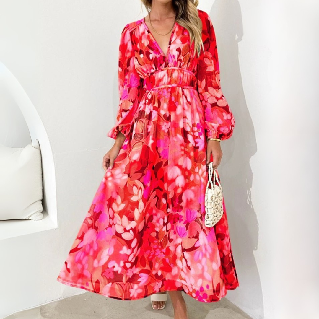 Damen-Midikleid mit V-Ausschnitt, Puffärmeln und Blumenmuster