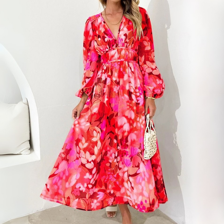 Damen-Midikleid mit V-Ausschnitt, Puffärmeln und Blumenmuster