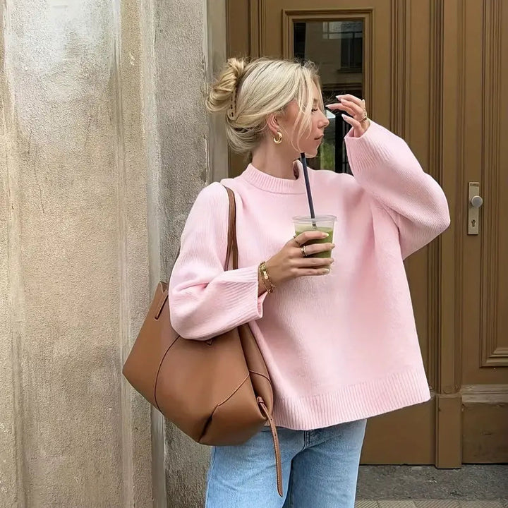 Damen Pullover mit Rundhalsausschnitt Langen Ärmeln und Geradem Saum