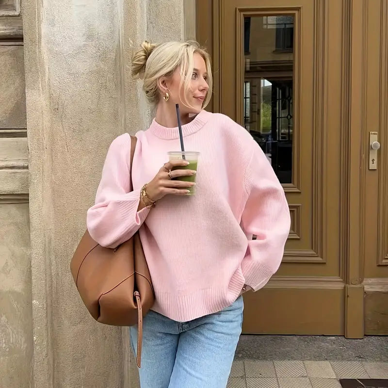 Damen Pullover mit Rundhalsausschnitt Langen Ärmeln und Geradem Saum