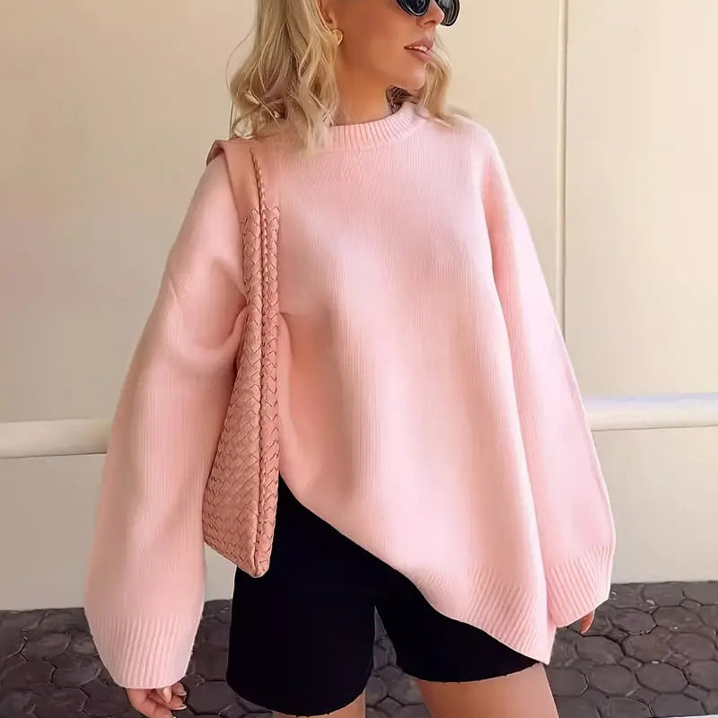 Damen Pullover mit Rundhalsausschnitt Langen Ärmeln und Geradem Saum