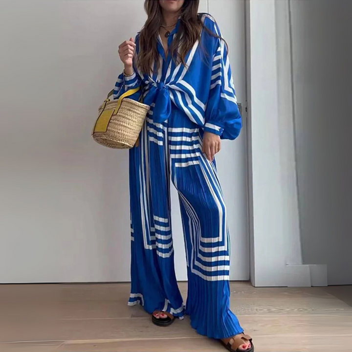 Damen Set mit Knotenbluse Langen Ärmeln und Geometrischem Muster