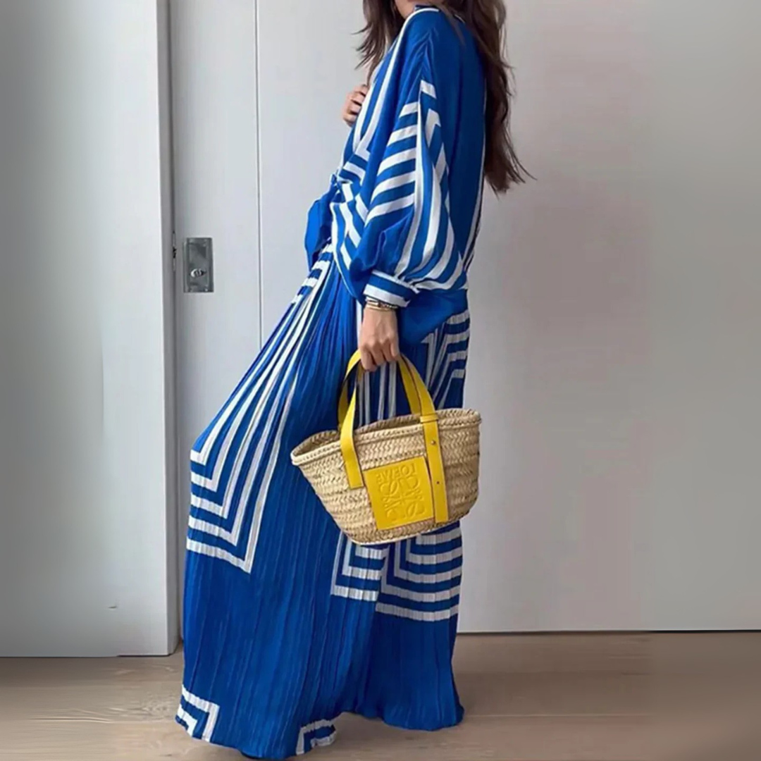 Damen Set mit Knotenbluse Langen Ärmeln und Geometrischem Muster