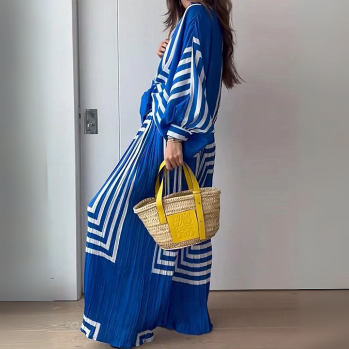Damen Set mit Knotenbluse Langen Ärmeln und Geometrischem Muster