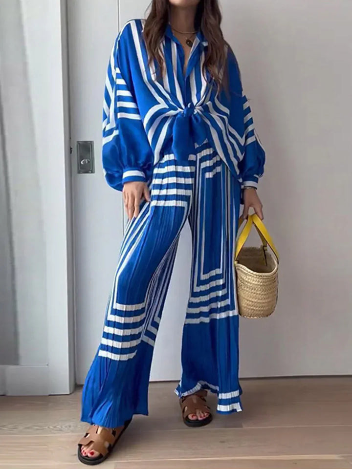 Damen Set mit Knotenbluse Langen Ärmeln und Geometrischem Muster