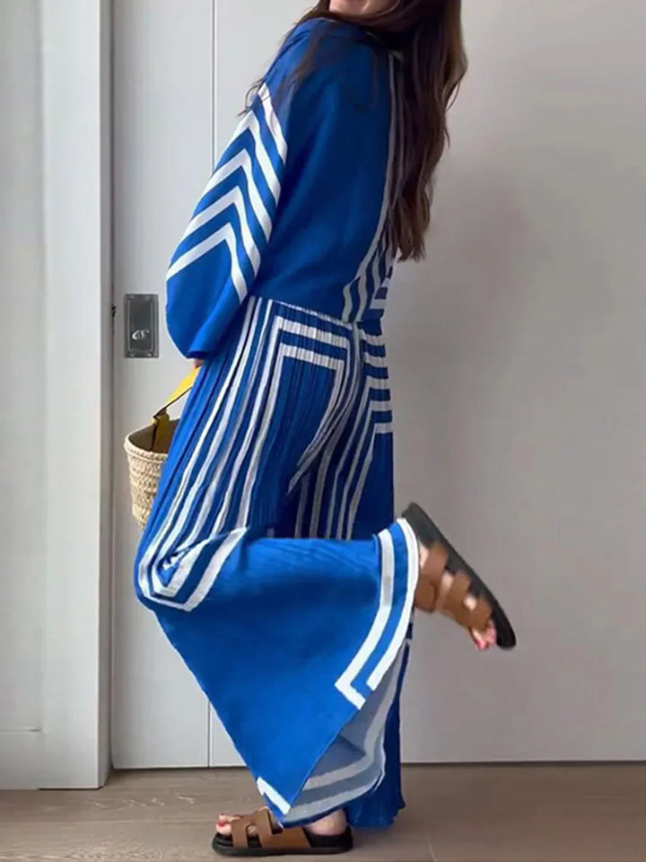 Damen Set mit Knotenbluse Langen Ärmeln und Geometrischem Muster