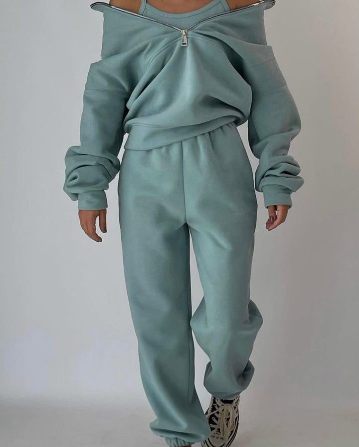 Damen Set mit Langarm Oberteil mit Halbzip Innentop und Hose