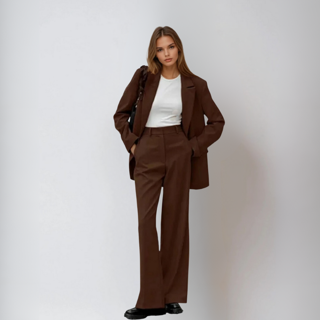 Damen-Set Mit Reverskragen-Blazer und Hochtaillierter Weitbein-Hose