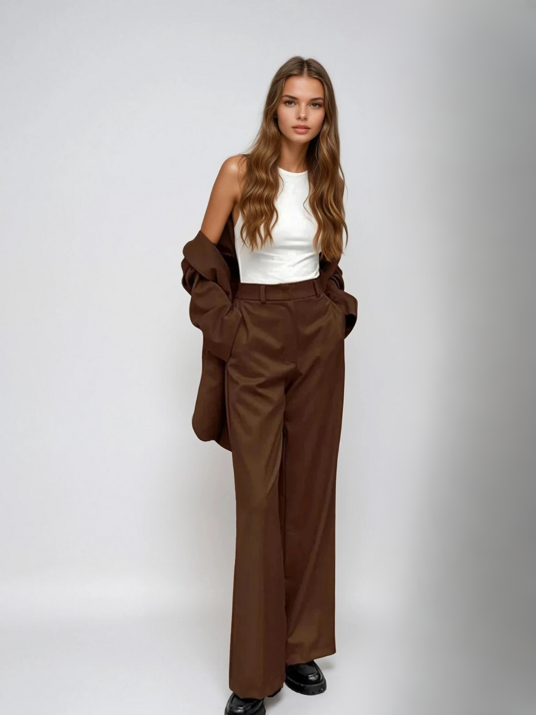 Damen-Set Mit Reverskragen-Blazer und Hochtaillierter Weitbein-Hose