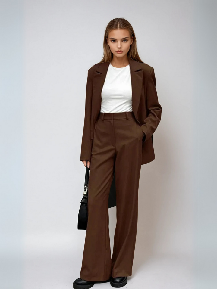 Damen-Set Mit Reverskragen-Blazer und Hochtaillierter Weitbein-Hose