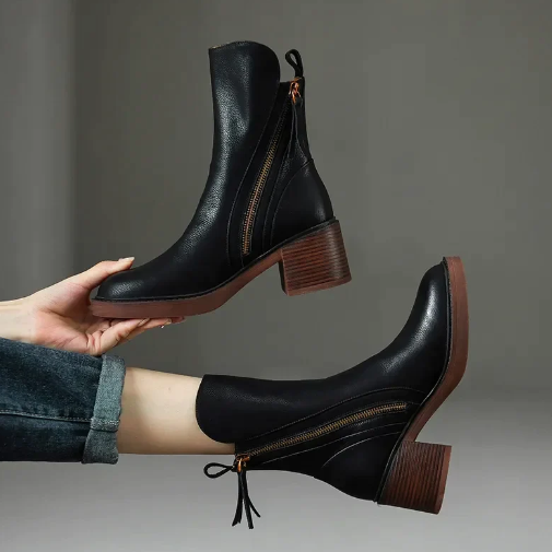 Damen Stiefelette knöchelhoch mit Reißverschluss und Blockabsatz