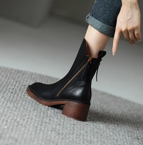 Damen Stiefelette knöchelhoch mit Reißverschluss und Blockabsatz
