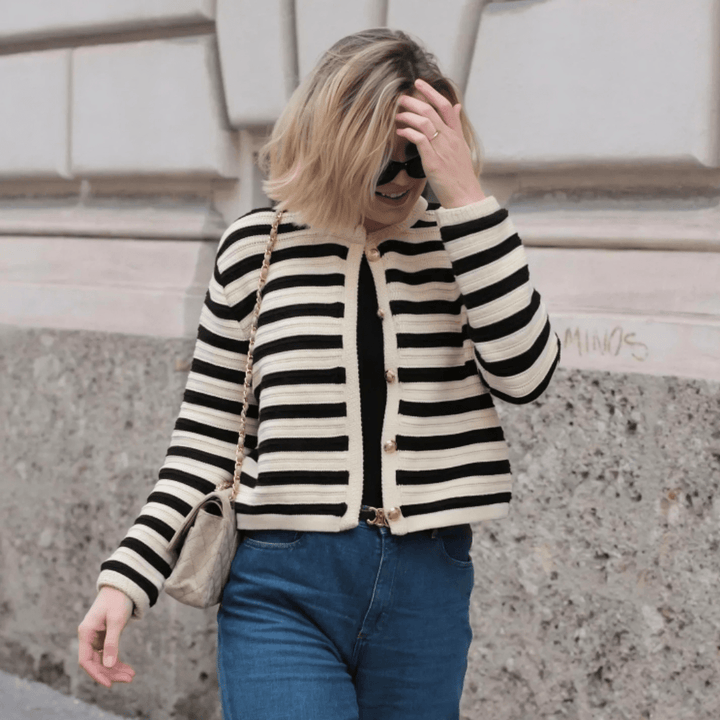 Cardigan da donna Viola con righe e bottoni dorati