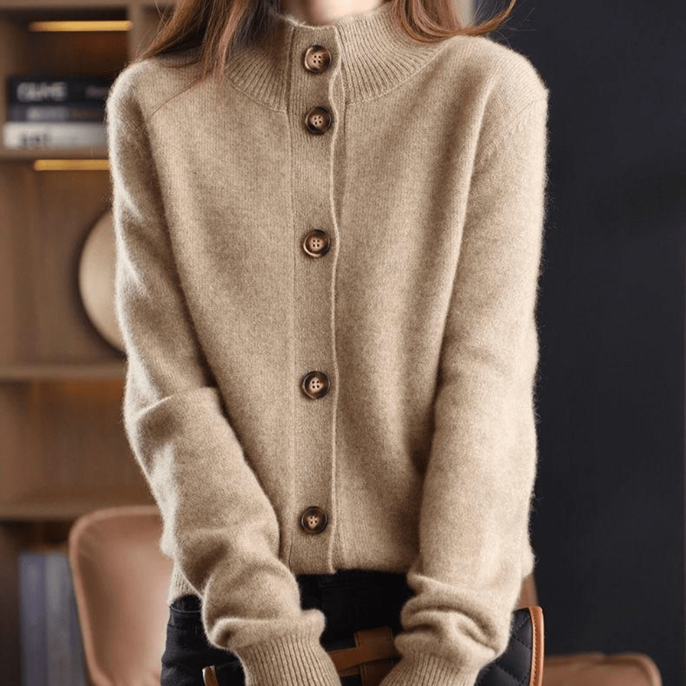 Damen Strickjacke mit Stehkragen und durchgehender Knopfleiste