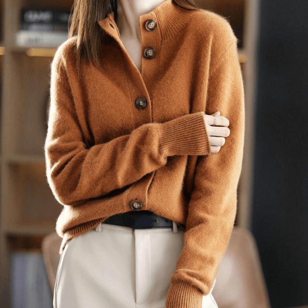 Damen Strickjacke mit Stehkragen und durchgehender Knopfleiste