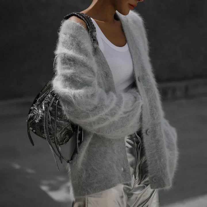 Damen Strickjacke mit V-Ausschnitt Knopfleiste und langen Ärmeln