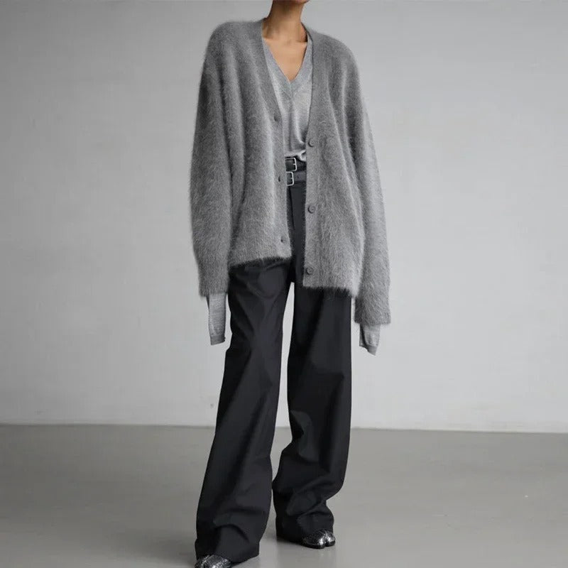 Damen Strickjacke mit V-Ausschnitt Knopfleiste und langen Ärmeln