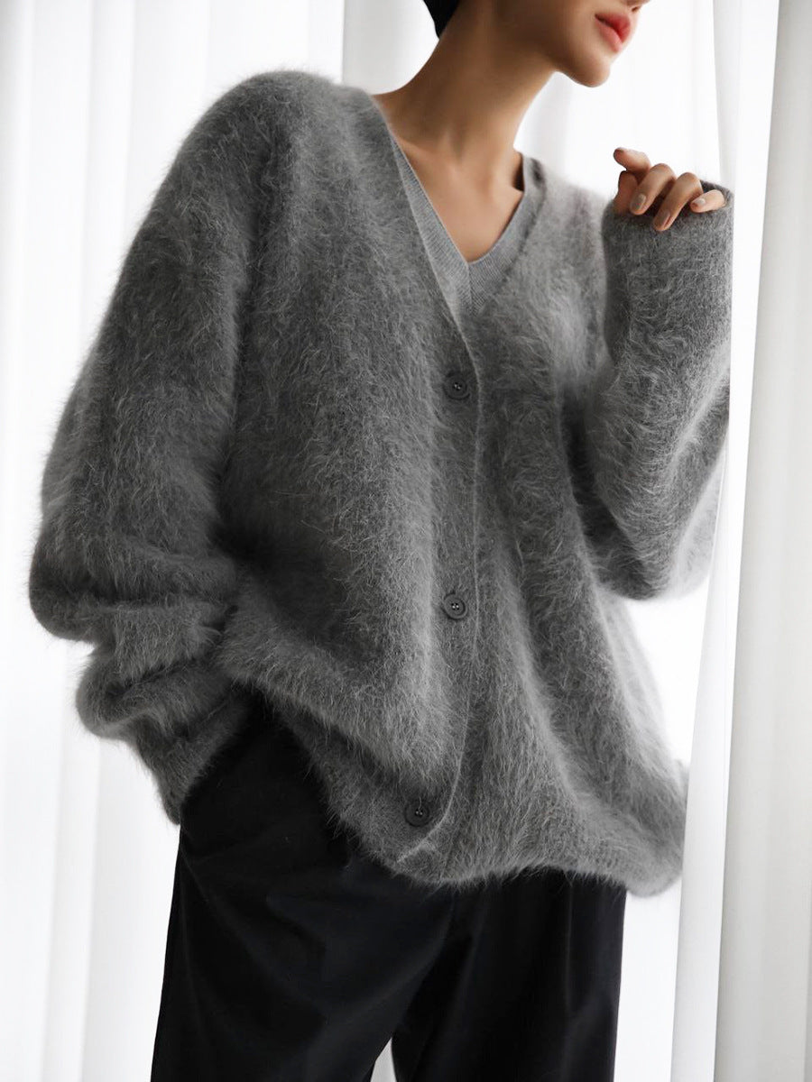 Damen Strickjacke mit V-Ausschnitt Knopfleiste und langen Ärmeln