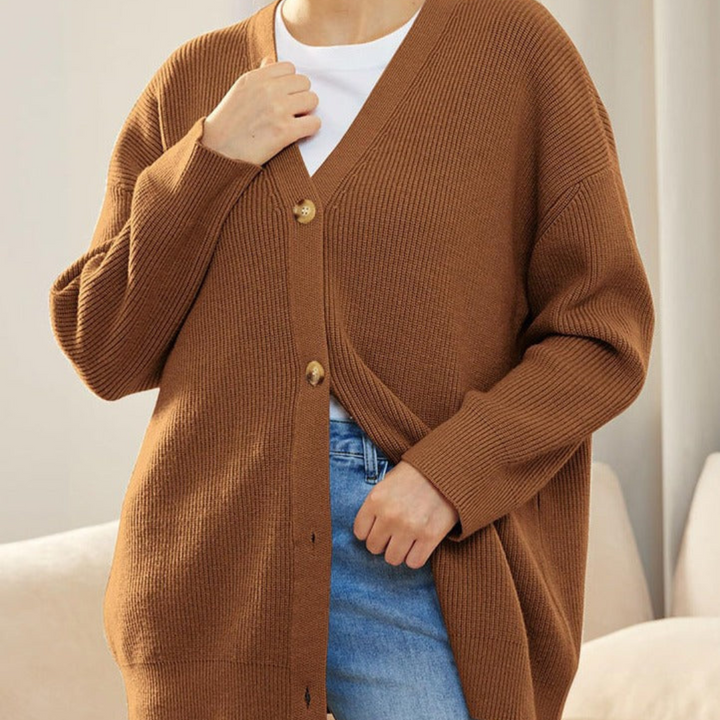 Damen V-Ausschnitt Cardigan mit Knopfleiste und Rippbündchen