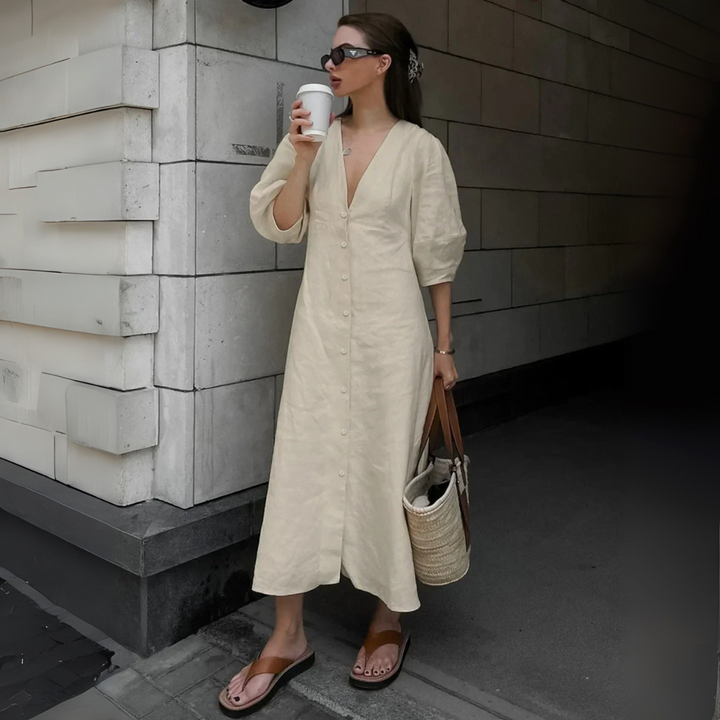 Damen V-Ausschnitt Midikleid mit Puffärmeln und Rückenausschnitt