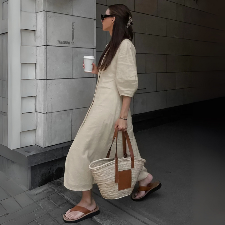 Damen V-Ausschnitt Midikleid mit Puffärmeln und Rückenausschnitt