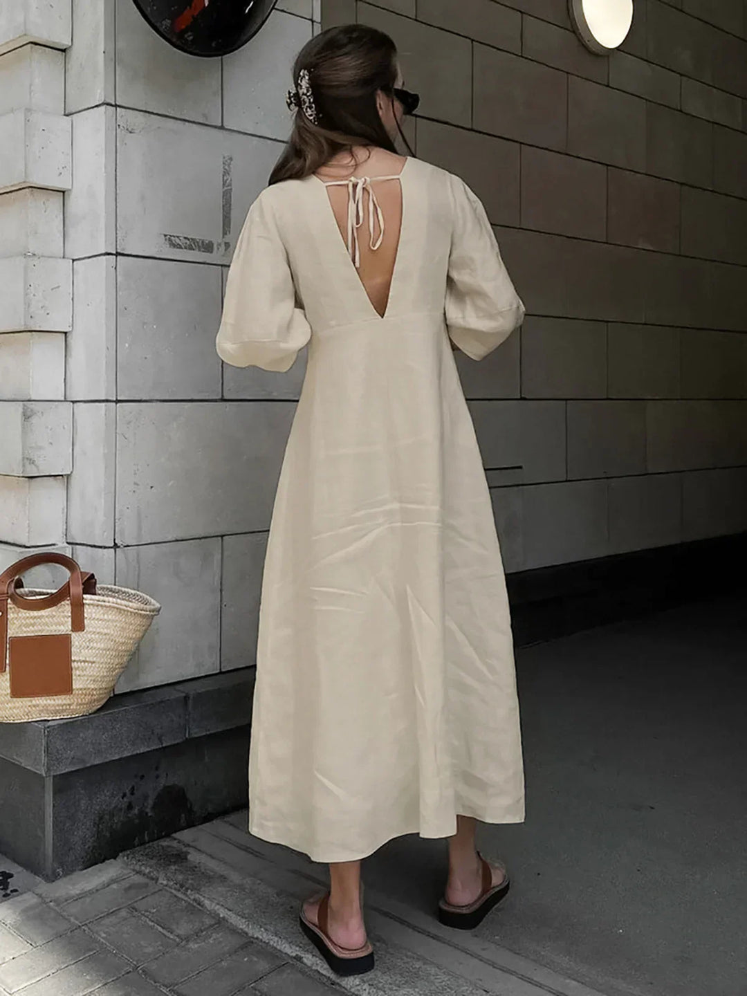 Damen V-Ausschnitt Midikleid mit Puffärmeln und Rückenausschnitt