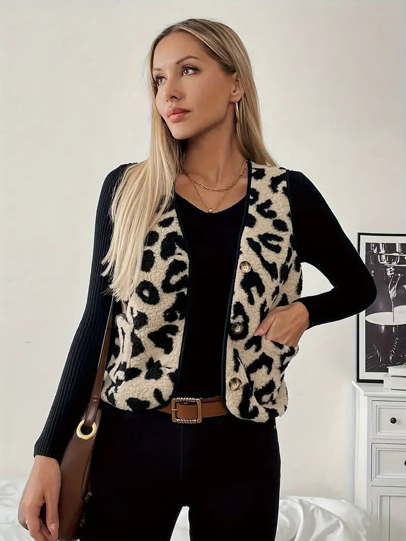 Damenweste mit modernem Leopardenmuster und Knopfleiste – stylisches Piece für trendbewusste Layering-Looks