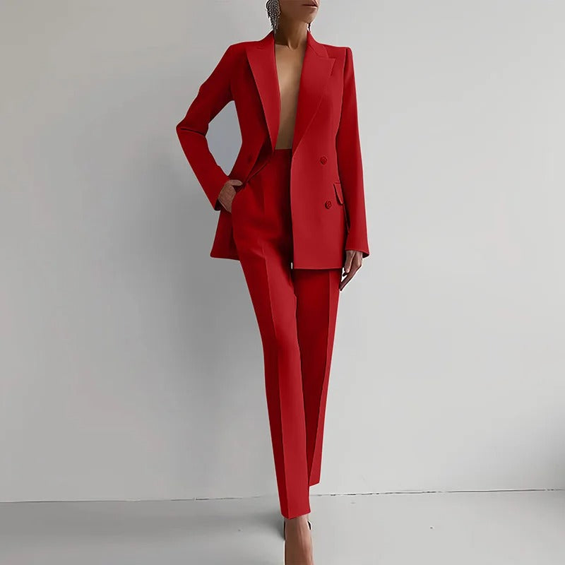 Damen-Zweiteiler mit doppelreihigem Blazer und gerader Hose