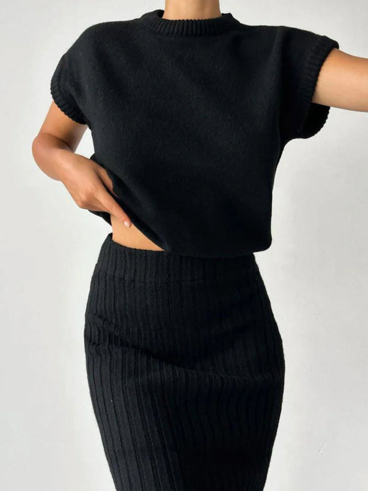 Damen-Zweiteiler mit Kappärmel-Top und geripptem High-Waist-Rock
