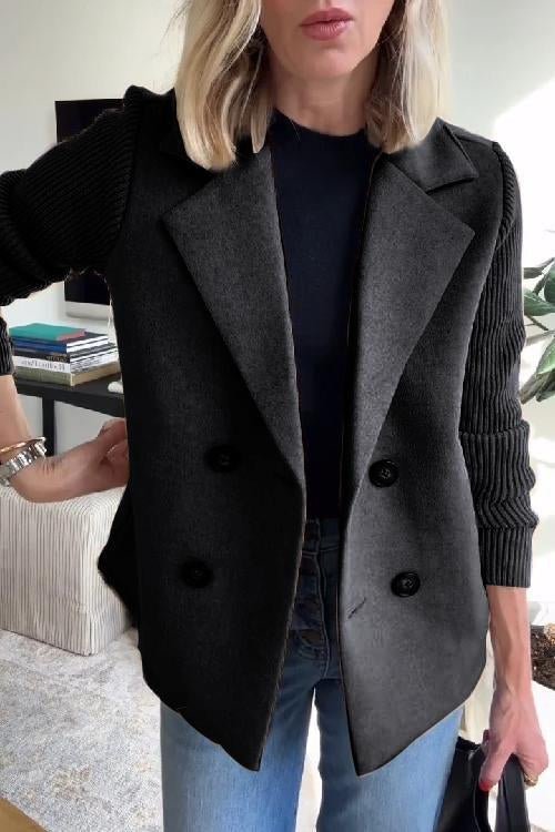 Damenblazer mit Rippstrickärmeln doppelreihig mit breitem Revers