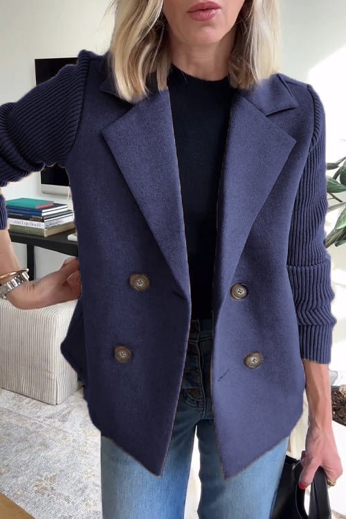 Damenblazer mit Rippstrickärmeln doppelreihig mit breitem Revers