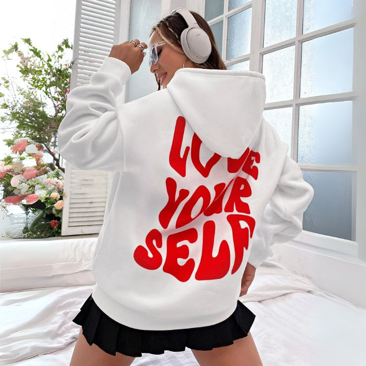 Damenkapuzenpullover mit Kordelzug und Schriftzug-Print hinten