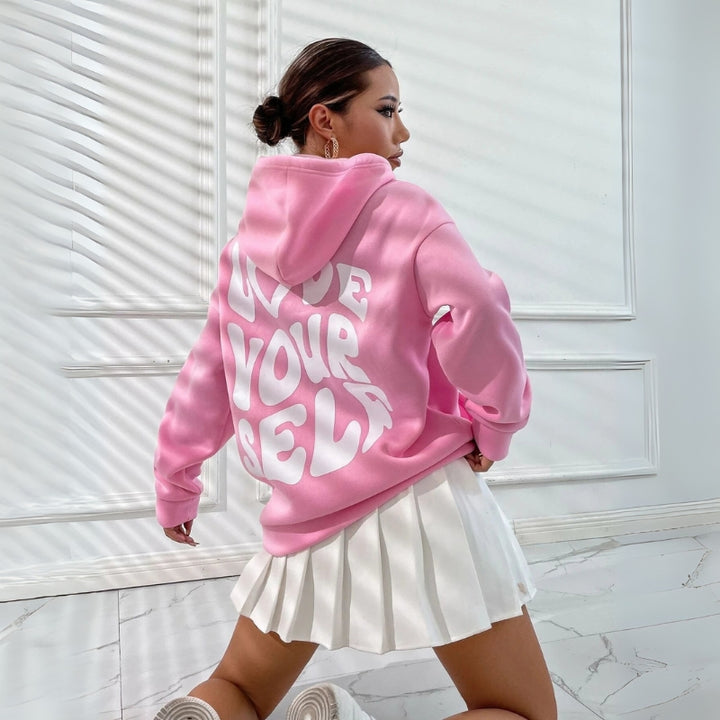 Damenkapuzenpullover mit Kordelzug und Schriftzug-Print hinten