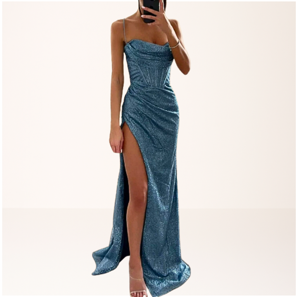 Elegantes blaues Satin Abendkleid für Damen, mit fließendem Stoff und tiefem Schlitz, ideal für Galas und Abendessen.
