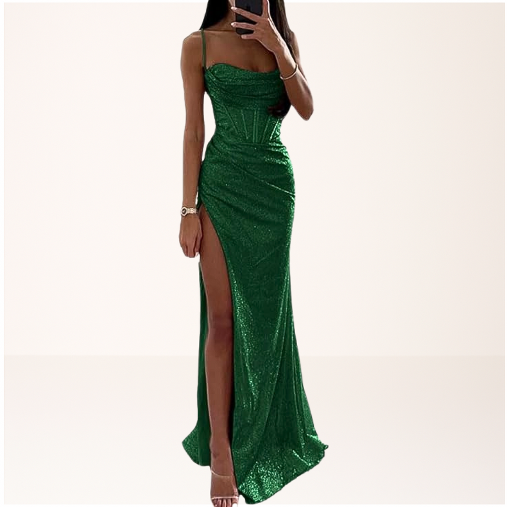 Grünes Satin Abendkleid für Damen, mit schimmerndem Glanz und elegantem Design, das perfekte Kleid für festliche Veranstaltungen.