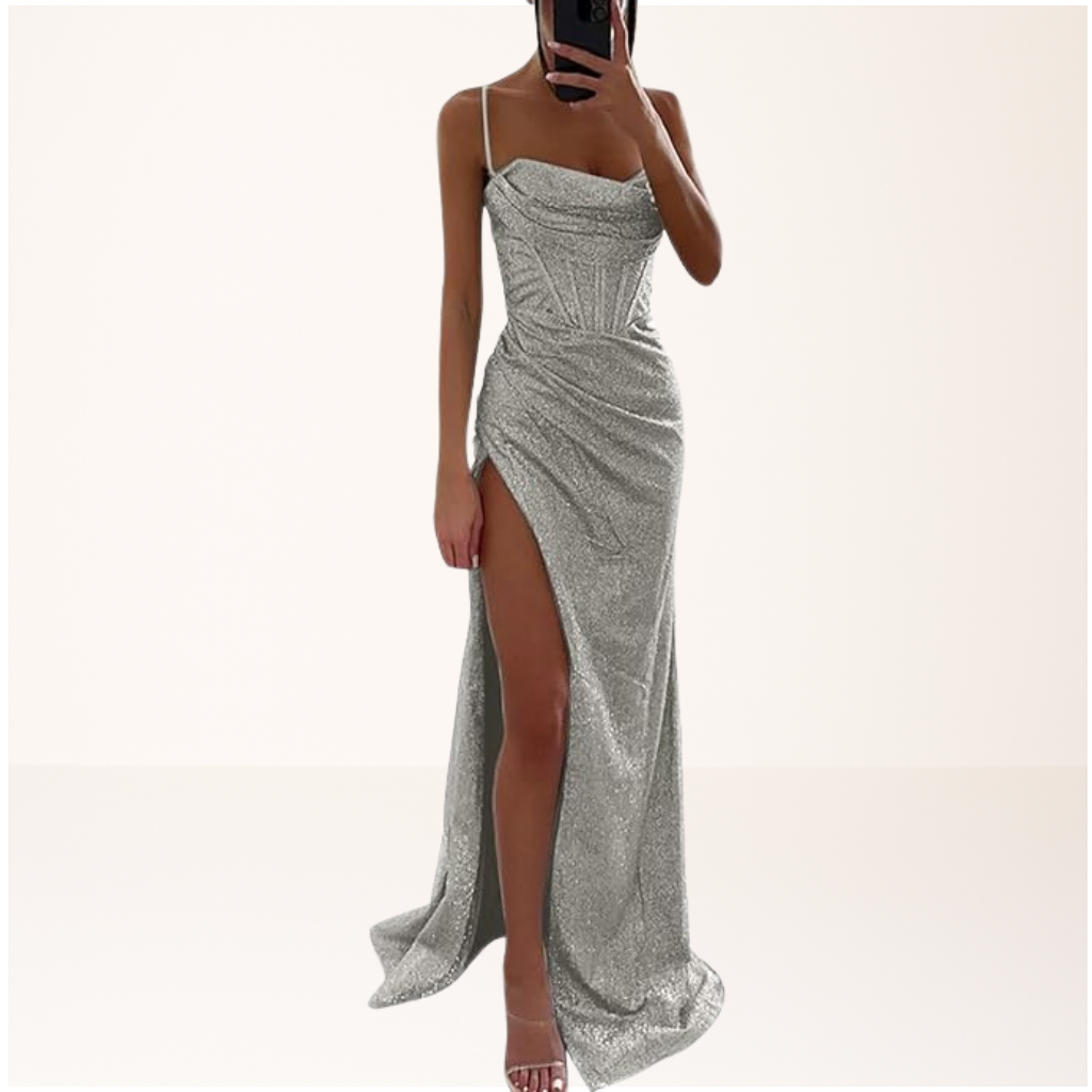 Helles graues Satin Abendkleid für Damen, mit einem modernen Schnitt und luxuriösem Stoff, ideal für gehobene Anlässe.