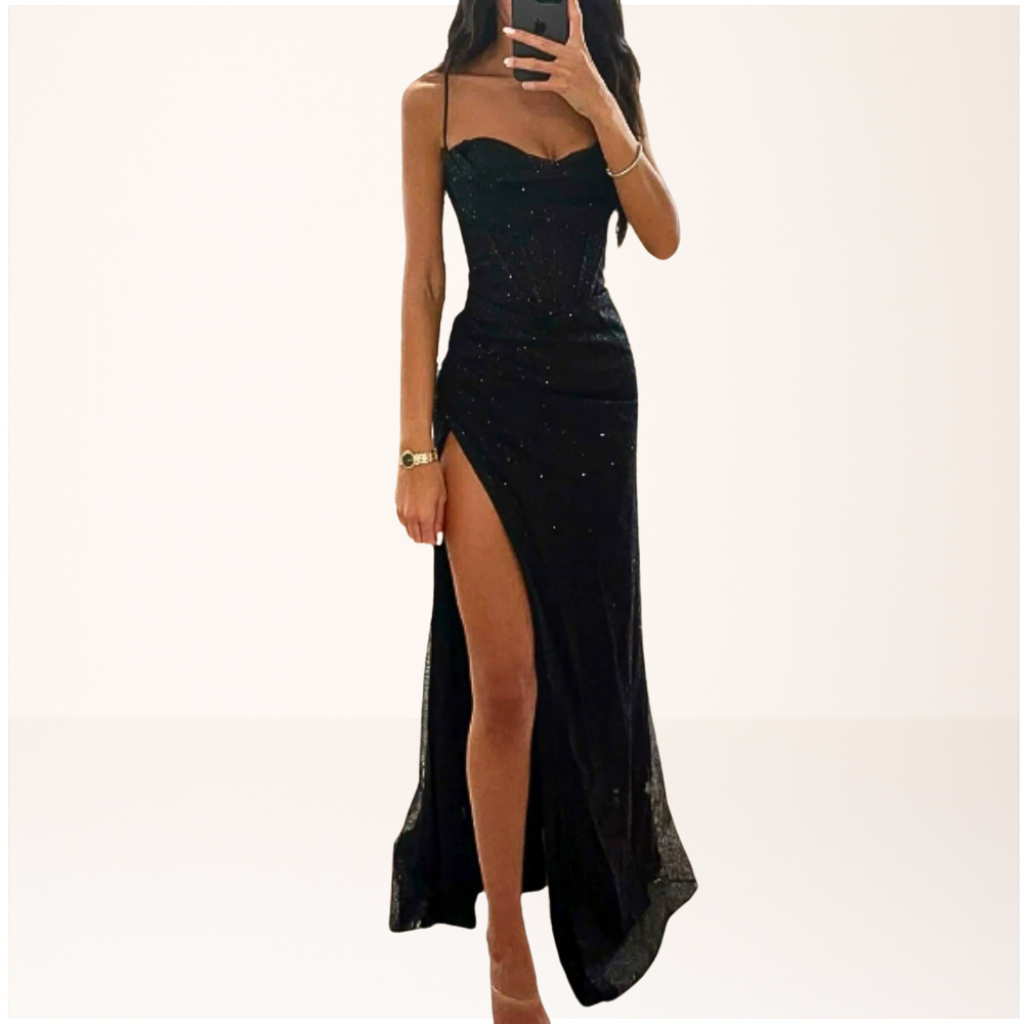 Luxuriöses schwarzes Satin Abendkleid für Damen, mit einem raffinierten Schnitt und stilvollem Look, ideal für besondere Anlässe.