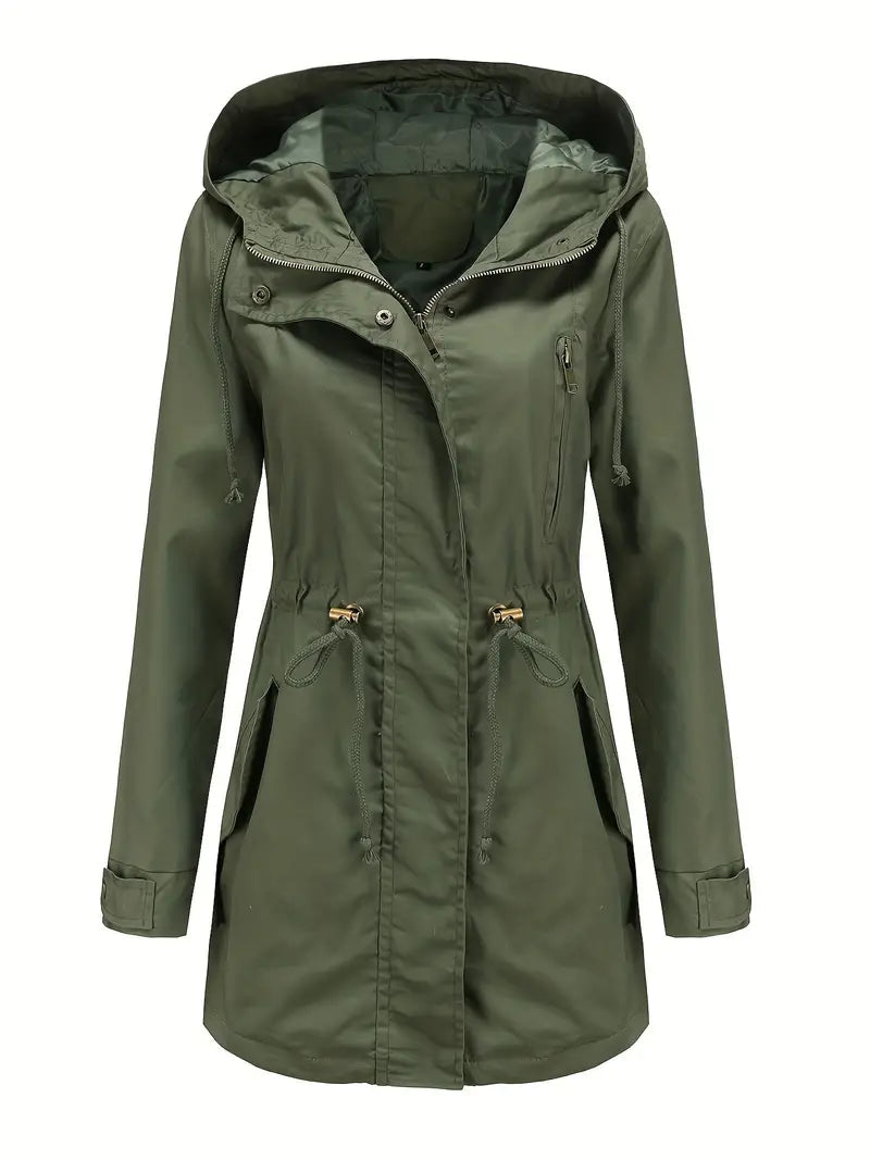 Damenparka mit Kapuze Taillenkordelzug und Frontreißverschluss