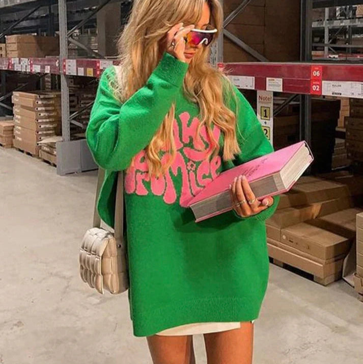 Damenpullover mit Rundhalsausschnitt und Schriftzug Pinky Promise