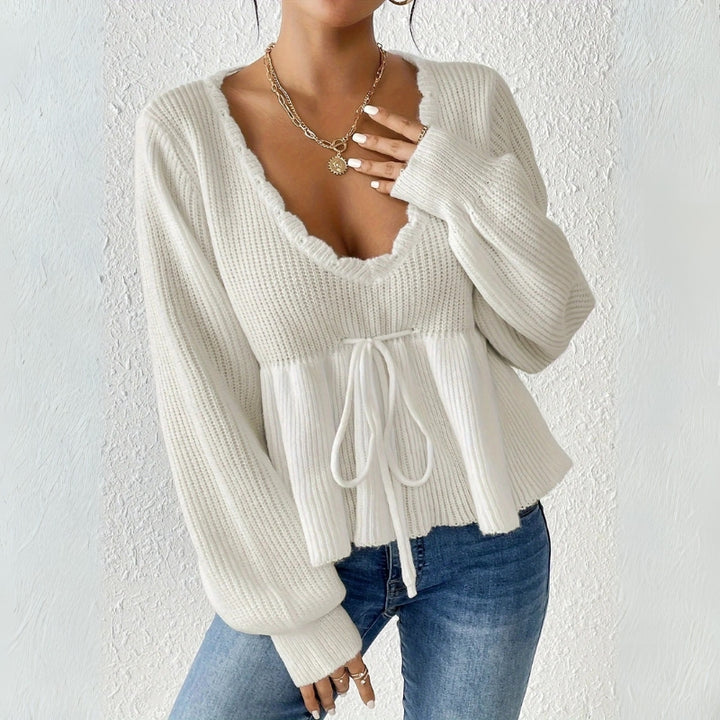 Damenpullover mit V-Ausschnitt und Bindeband an der Taille