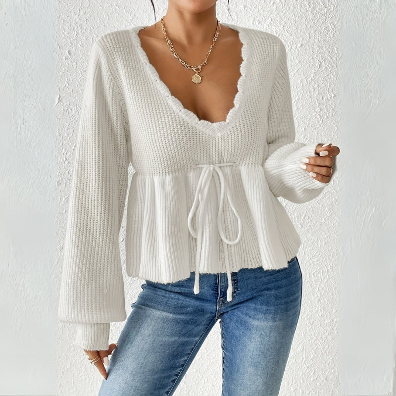 Damenpullover mit V-Ausschnitt und Bindeband an der Taille